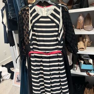 Eliza J Black and White Striped Dress with Red Belt